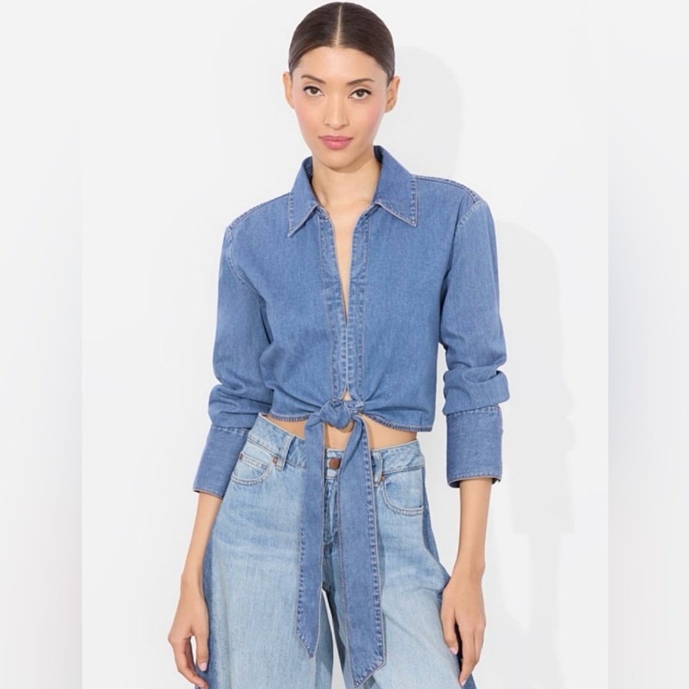 Alice + Olivia Jeans Hannon‎ Chambray Cropped Tie-Front Blouse Top, Size M, NWT